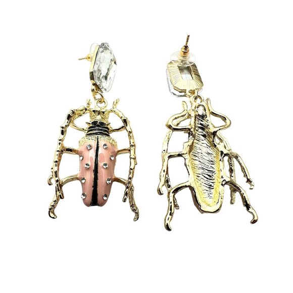 Womens Earrings Pierced Pink Enamel Bee Bug Gold Tone Chandelier Clear Crystal - Picture 4 of 4